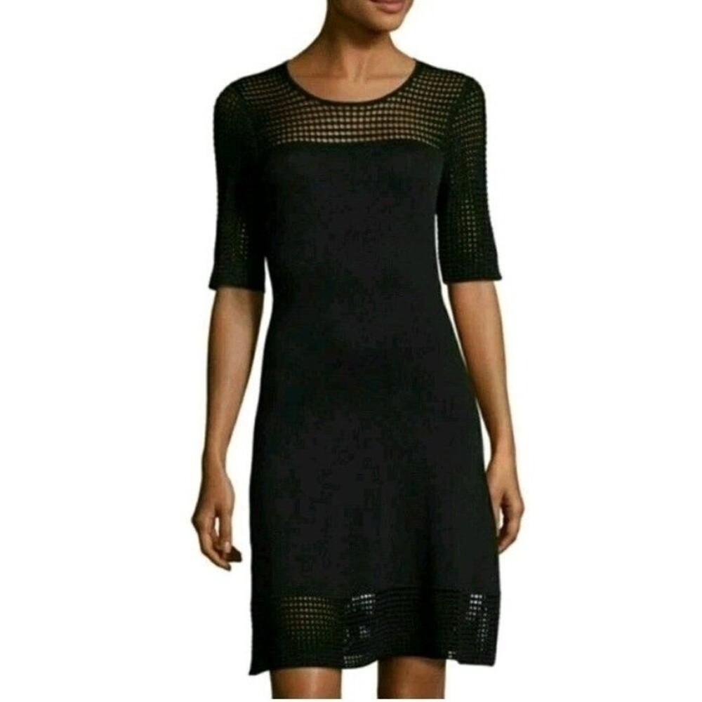 Nanette Lepore Womens Sz S Black Knit Grid Mesh Dress knee length 1/2 sleeve - Picture 1 of 13